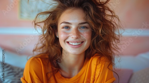 Woman Sitting on Couch With Messy Hair