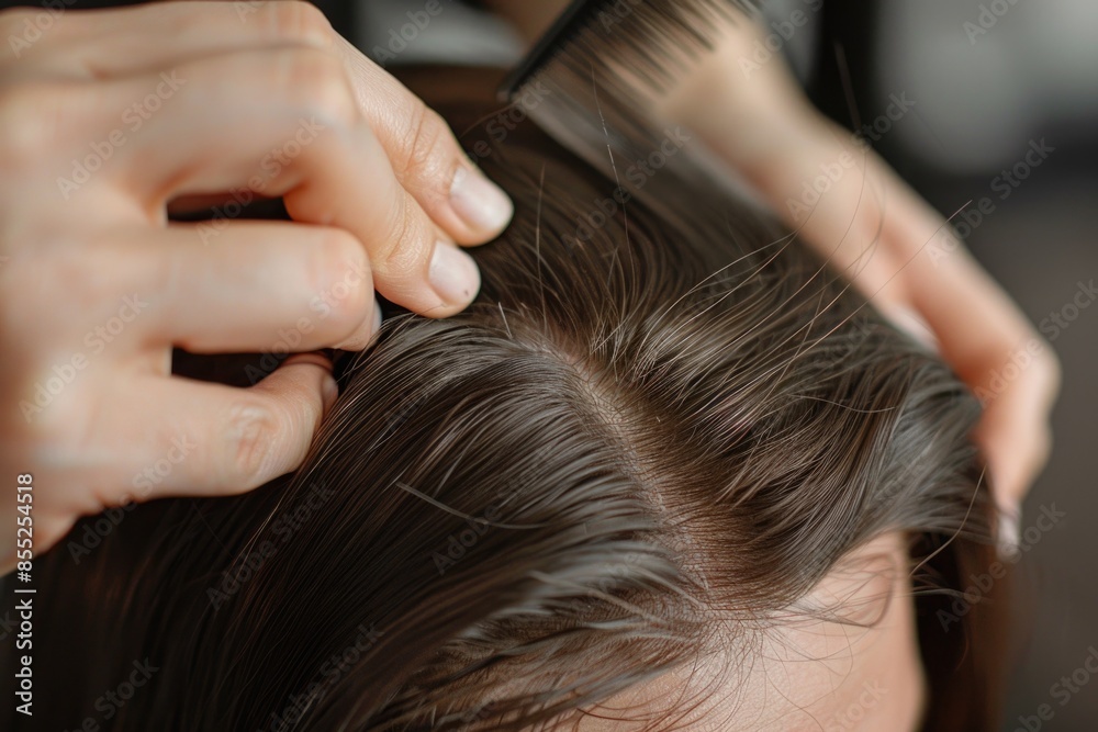 A woman sitting in a salon chair having her hair styled by a professional hairstylist A woman sitting in a salon chair having her hair styled by a professional hairstylist