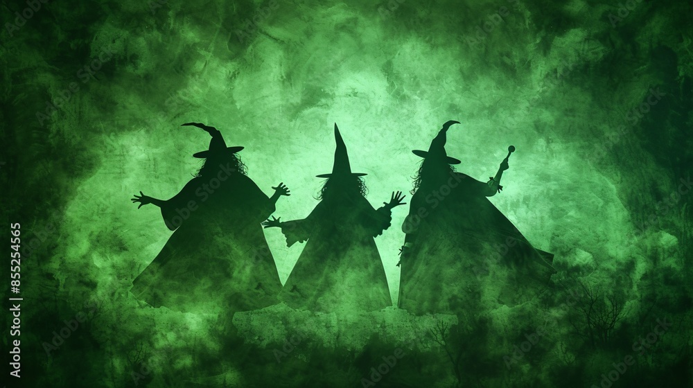 Fototapeta premium Three Silhouetted Witches in Green Mist