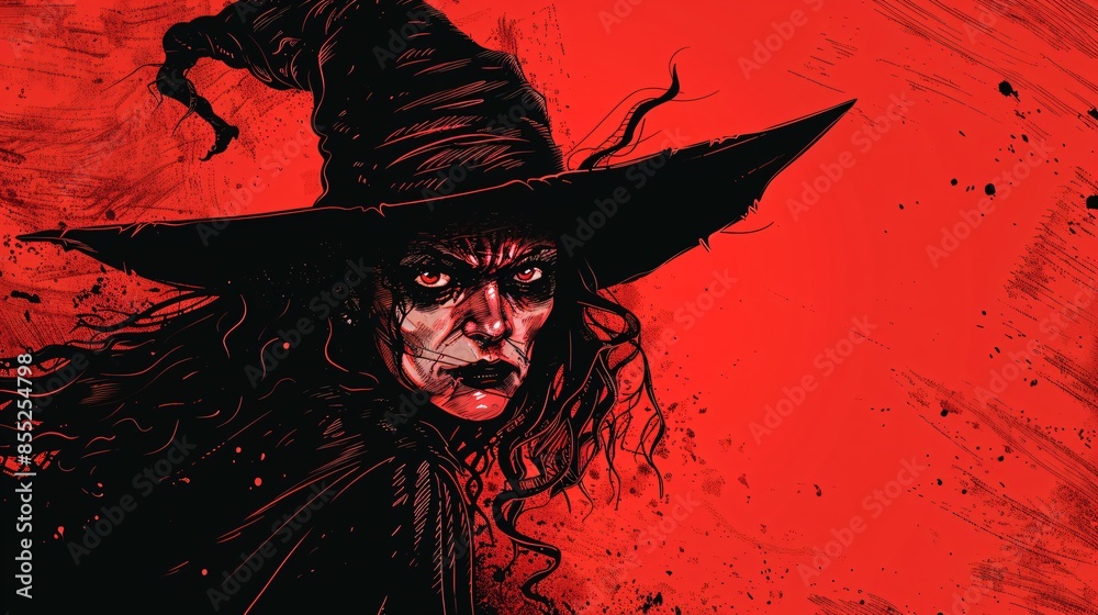 Witch Illustration with Red Background