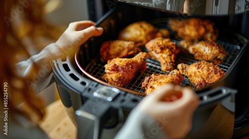 A person placing food into an air fryer basket, ready for cooking