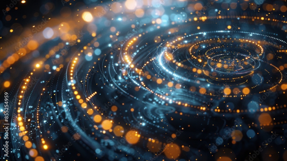 A digital art piece with concentric circles and bokeh effect in blue and orange. A digital art piece with concentric circles and bokeh effect in blue and orange.
