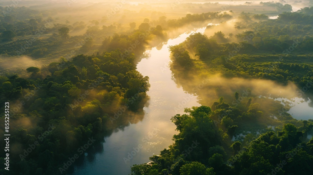 Aerial View of Misty River in Lush Green Forest Landscape Aerial View of Misty River in Lush Green Forest Landscape