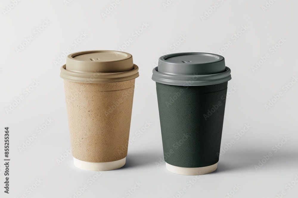 Two Disposable Coffee Cups With Lids on a White Tabletop Two Disposable Coffee Cups With Lids on a White Tabletop