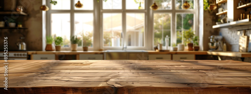 A wooden table in the foreground with an out of focus kitchen and windows behind it