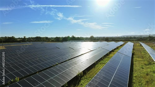 Solar Farm Panels Low Aerial Flyover