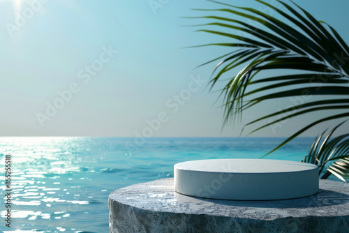 Abstract white round podium mockup on stone with palm leaves 