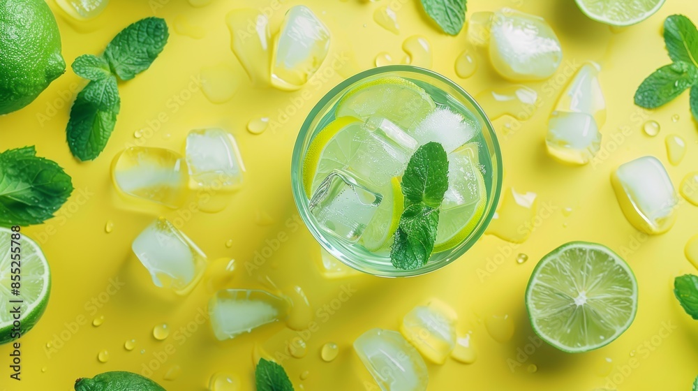 Vibrant summer ice cocktail with fresh lime and mint on a bright yellow background Vibrant summer ice cocktail with fresh lime and mint on a bright yellow background