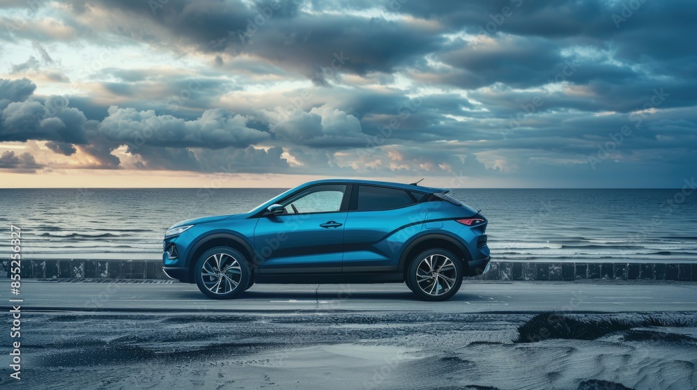 A blue SUV parked by the ocean, suitable for travel or adventure themes