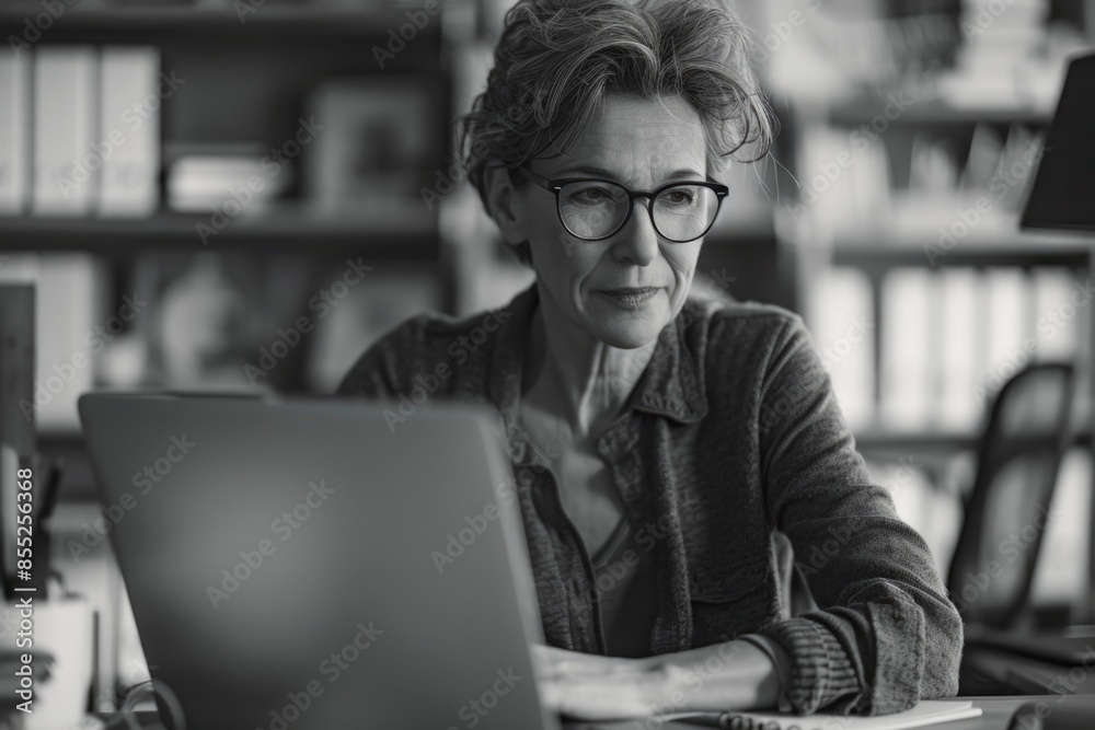 A woman sits in front of a laptop with a focused expression, ready to work or communicate A woman sits in front of a laptop with a focused expression, ready to work or communicate