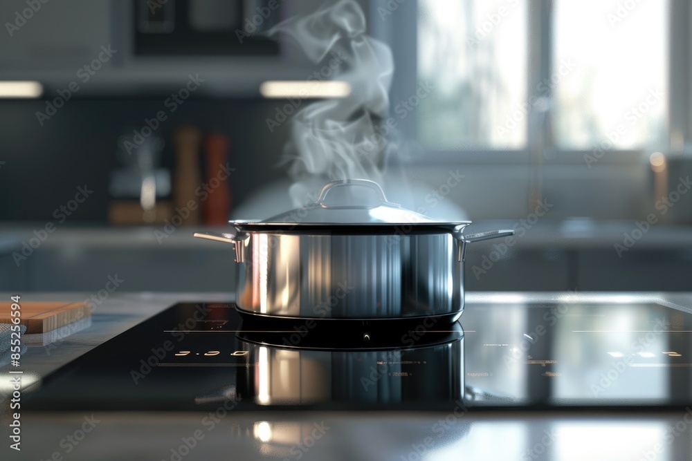 A pot on a stove with steam rising from it, perfect for cooking or kitchen scenes