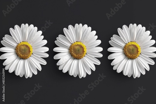 Three white flowers with yellow centers on a black background