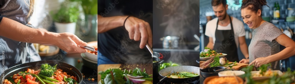 Group of friends cooking together in kitchen. Group of friends cooking together in kitchen.