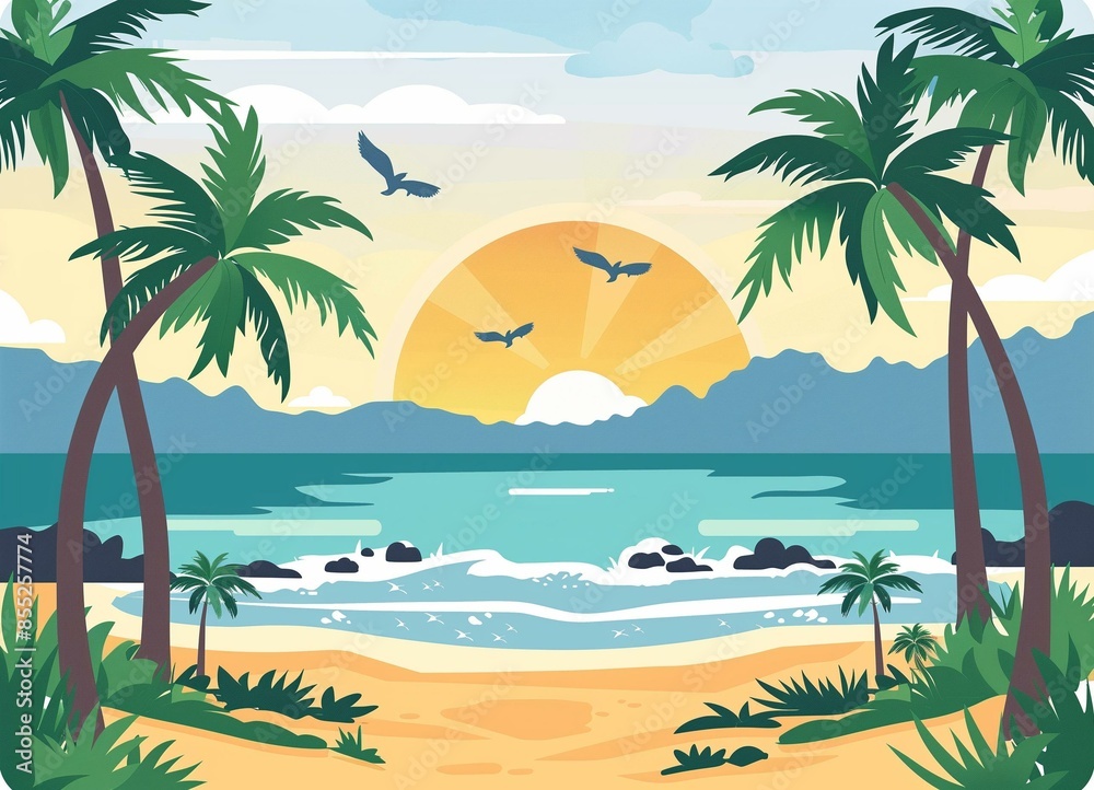 Obraz premium Tropical Beach Sunrise with Palm Trees and Birds