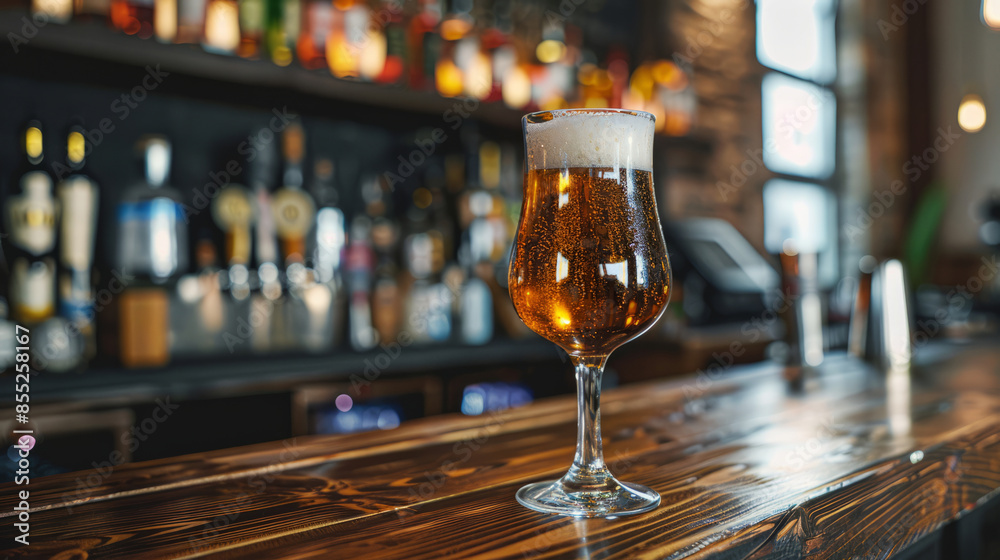 A glass of beer sits on a bar counter, with various other alcoholic beverages visible on the shelves in the background, highlighting a lively bar atmosphere.
A glass of beer sits on a bar counter, with various other alcoholic beverages visible on the shelves in the background, highlighting a lively bar atmosphere.