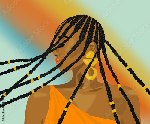 Quadro su tela belle femme noire qui secoue ses tresses fond bleu arc-en-ciel