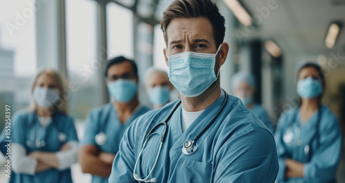 A doctor in a mask, with his team behind him, ready for patient care. © Anna