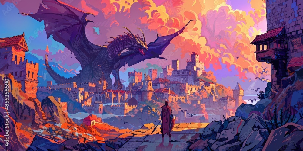 Fantasy World with Dragon and Knight