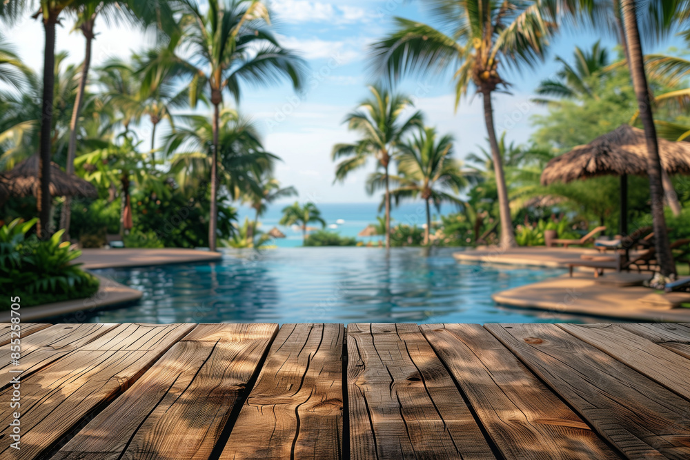 tropical background with a wooden table top for product display presentation, a luxurious swimming pool and palm trees at an exotic resort hotel. tropical background with a wooden table top for product display presentation, a luxurious swimming pool and palm trees at an exotic resort hotel.