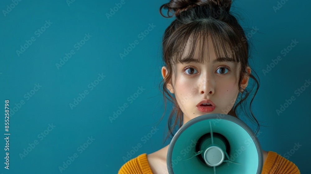 Japanese woman with yellow casual clothes, big huge blank screen area, scream in megaphone isolated on plain blue color background Lifestyle concept. Japanese woman with yellow casual clothes, big huge blank screen area, scream in megaphone isolated on plain blue color background Lifestyle concept.