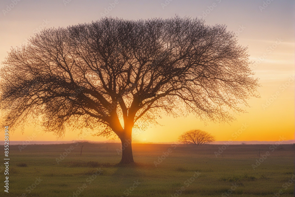 A silhouette of a lone tree standing in a field as the golden hour light filters through its branches. A silhouette of a lone tree standing in a field as the golden hour light filters through its branches.