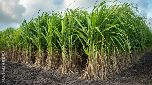 Sugarcane field with full grown crop, sugar cane agricultural economy. sugarcane is a grass of poaceae family. it taste sweet and good for health. Well known as tebu in malaysia 