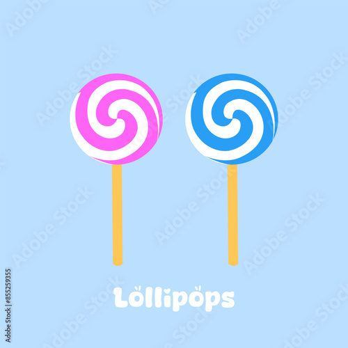 Cartoon flat style drawing of fresh sweet online swirly lollipop shop logo. Assorted confectionery candy store badge concept. For flyer, sticker, card, logo, symbol. Graphic design vector illustration