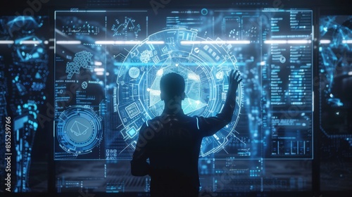 A person's silhouette interacts with a glowing, blue holographic interface filled with digital data.