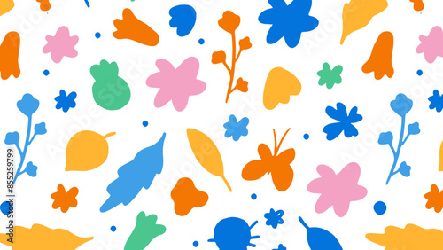 Children’s floral background. Hand-drawn colourful elements, insects, leaves, and flowers on a white background. Colourful botanical seamless pattern.