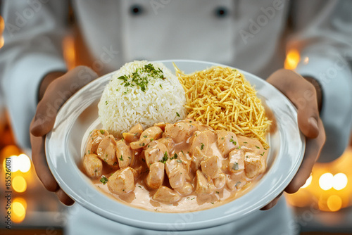 chicken stroganoff rice potato straw photo