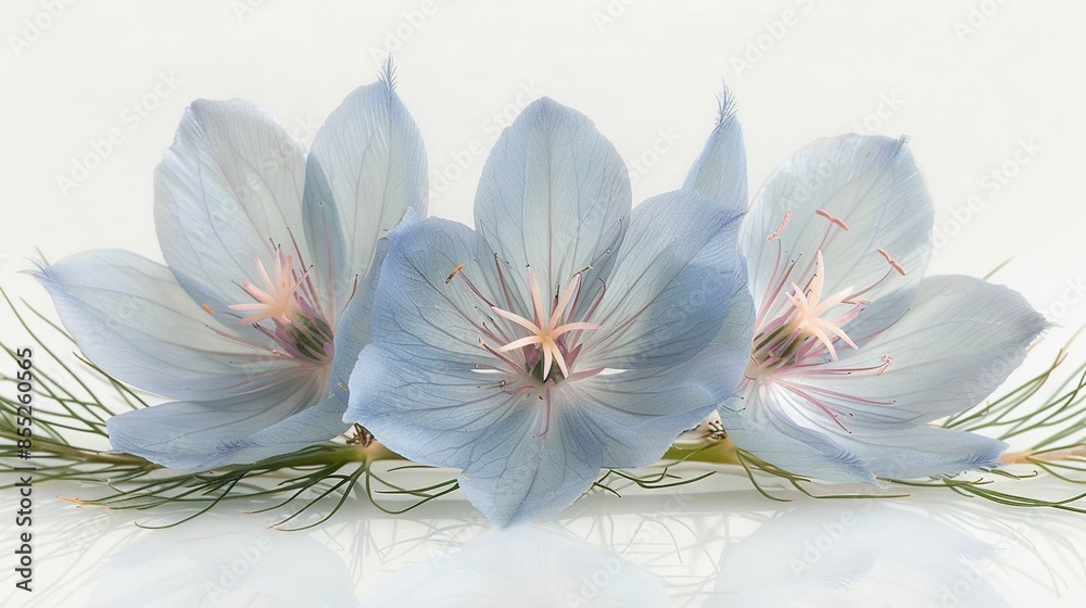 A cluster of blue blossoms resting atop a white table adorned with verdant foliage and twigs A cluster of blue blossoms resting atop a white table adorned with verdant foliage and twigs