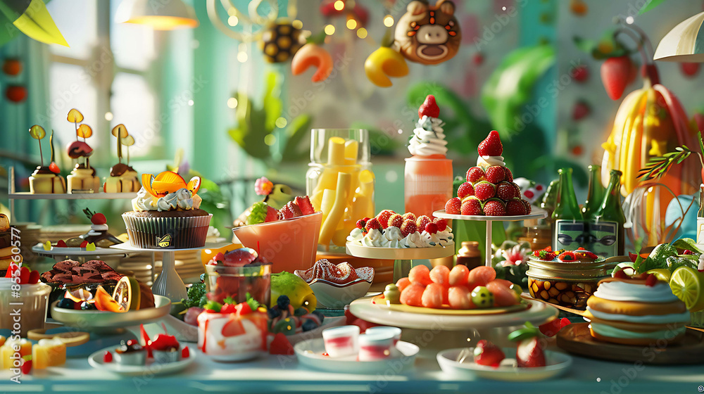 A beautiful spread of desserts and drinks is arranged on a table.