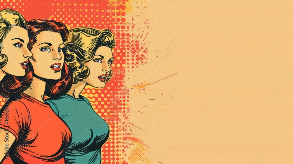 Three women in retro comic style express astonishment with speech bubble, bold colors, and halftone dots background Three women in retro comic style express astonishment with speech bubble, bold colors, and halftone dots background