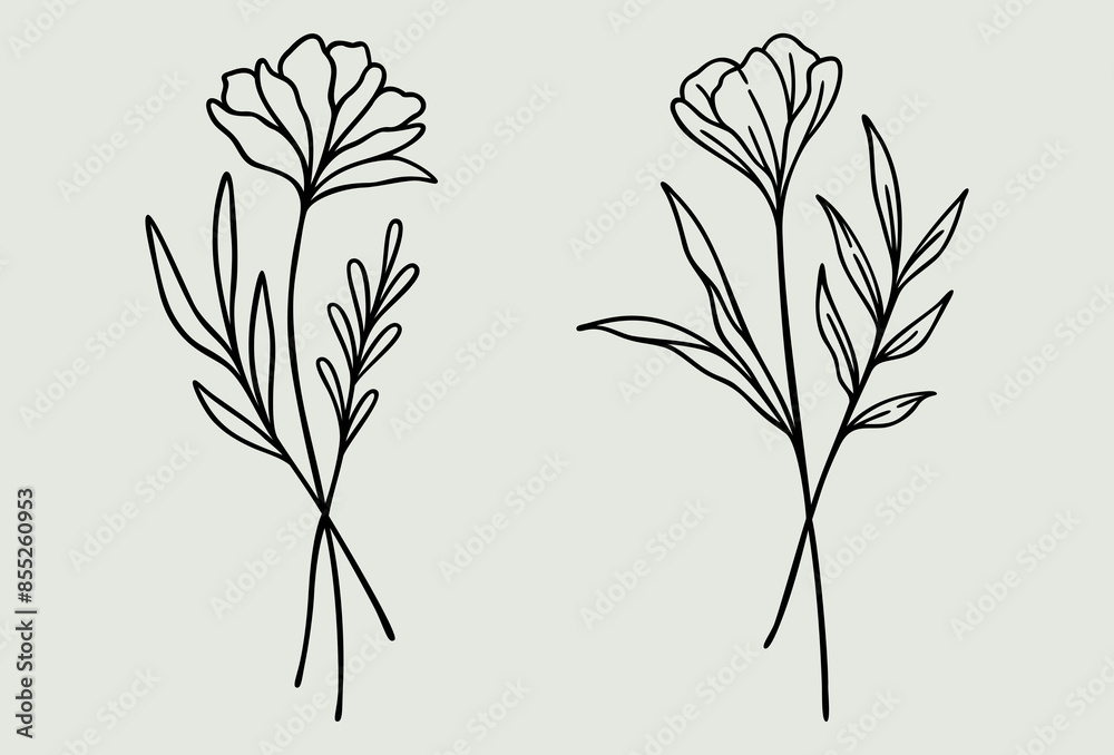 Naklejka premium Floral Line Art Bundle | Wildflower Vector Illustration | Botanical Bouquet | Hand Drawn Designs