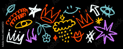 Collection of hand drawn colorful charcoal doodle shapes and squiggles in childish girly style. Pencil drawings isolated on black. Crowns, stars, flower, eye, cloud  and arrows doodle collage elements