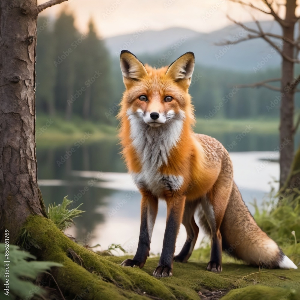 Fototapeta premium red fox in the wild near a lake 