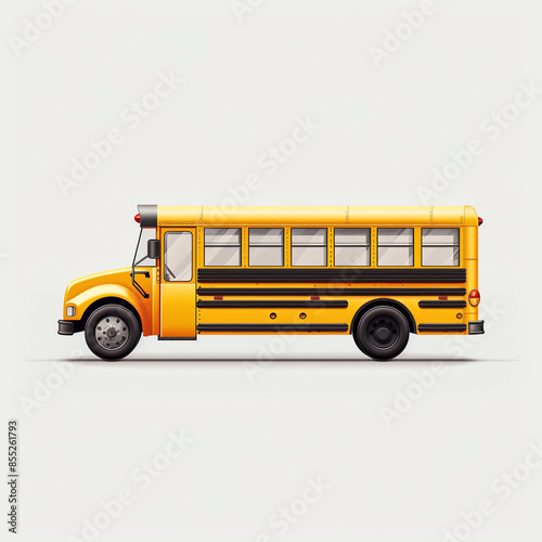 A colorful icon of a school bus, detailed with bright yellow paint, black wheels, and clear windows, set against a simple, white background 