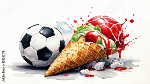 A soccer ball with delicious ice melting in your mouth, and a waffle cone lying next to it. Promotional photo.