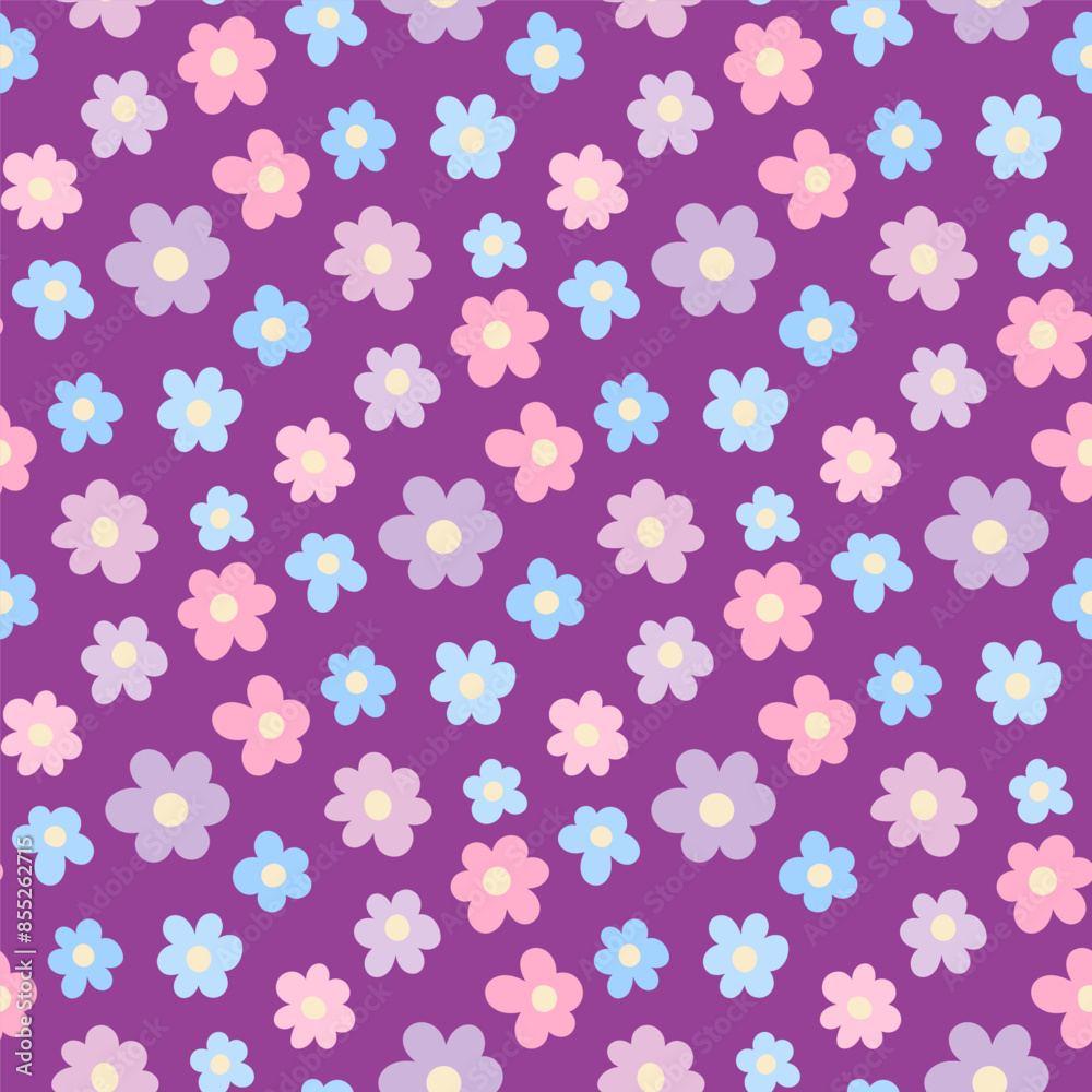 Small multi-colored flowers isolated on a purple background. Cute floral seamless pattern. Vector simple flat graphic hand drawn illustration. Texture. Small multi-colored flowers isolated on a purple background. Cute floral seamless pattern. Vector simple flat graphic hand drawn illustration. Texture.