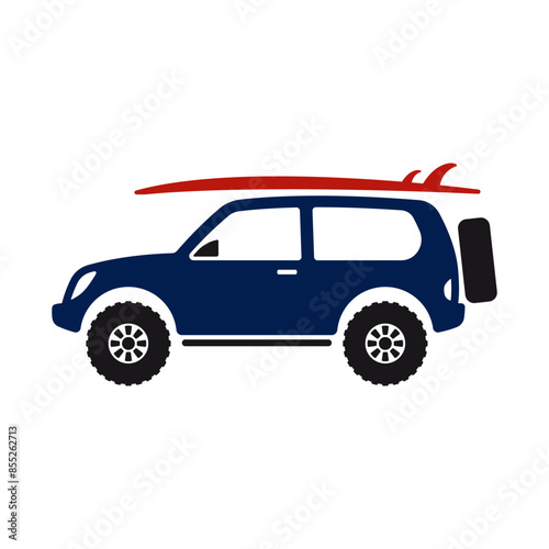 SUV and surfboard icon. Colored silhouette. Side view. Vector simple flat graphic illustration. Isolated object on a white background. Isolate.