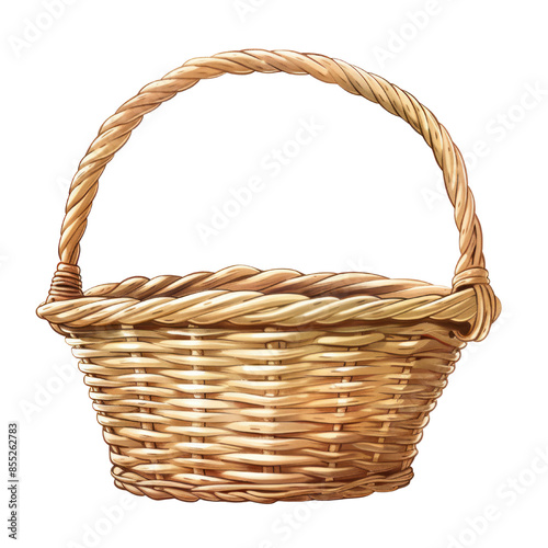 A woven wicker basket with a handle, isolated on a transparent background.
