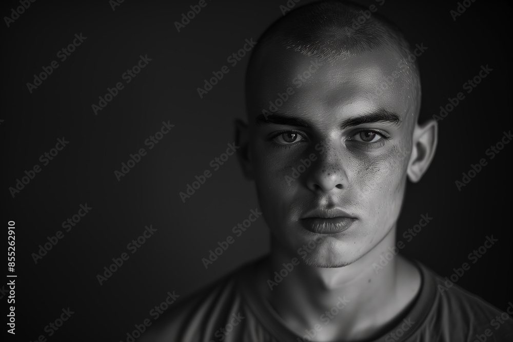 black & white portrait of young man with shaved head, black background black & white portrait of young man with shaved head, black background