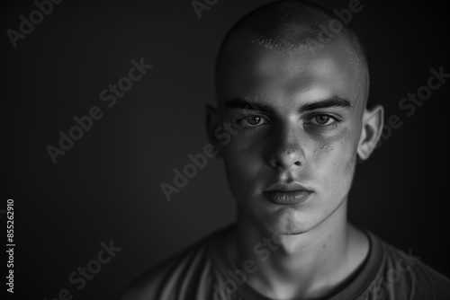 black & white portrait of young man with shaved head, black background