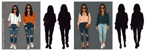 Trendy Woman in Relaxed Chic Outfits - Oversized Blouses with Ripped Jeans -  Vector Illustration with Silhouettes.
