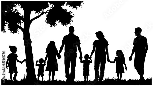 Silhouette of Family Fun Walking in Park or Forest Vector Illustration