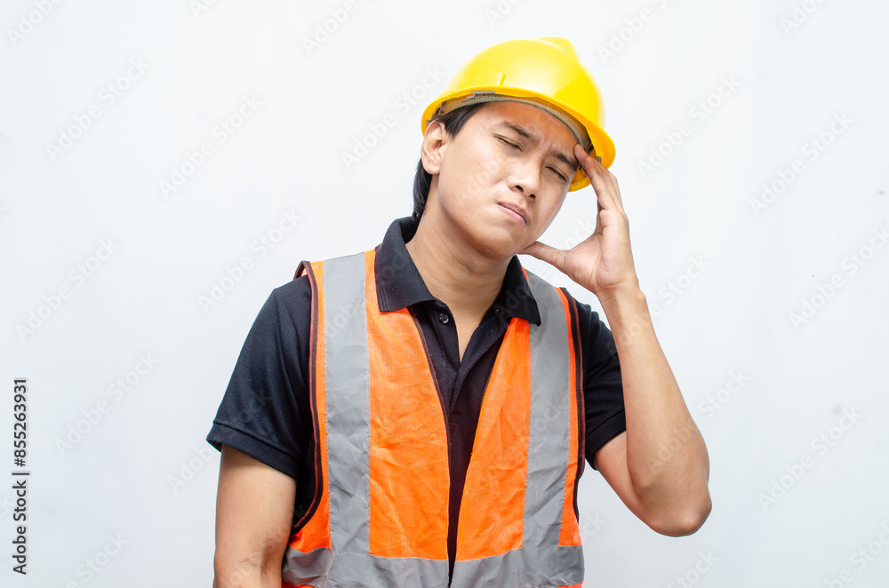 Asian male construction worker in fatigue looks tired and have headaches after hard working. man in yellow safety hardhat and orange vest have overworked. Asian male construction worker in fatigue looks tired and have headaches after hard working. man in yellow safety hardhat and orange vest have overworked.
