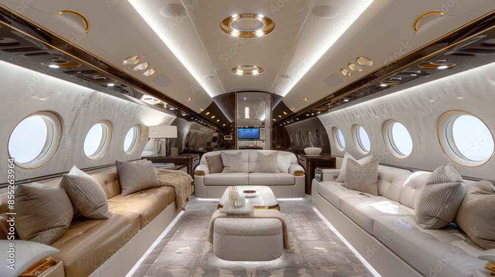 Inside a high-end private jet featuring elegant design, plush seating, and a sophisticated ambiance Inside a high-end private jet featuring elegant design, plush seating, and a sophisticated ambiance