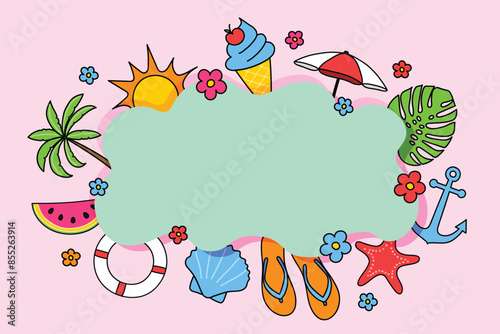 Banner with colourful hand drawn beach elements. Summer background. Vector illustration