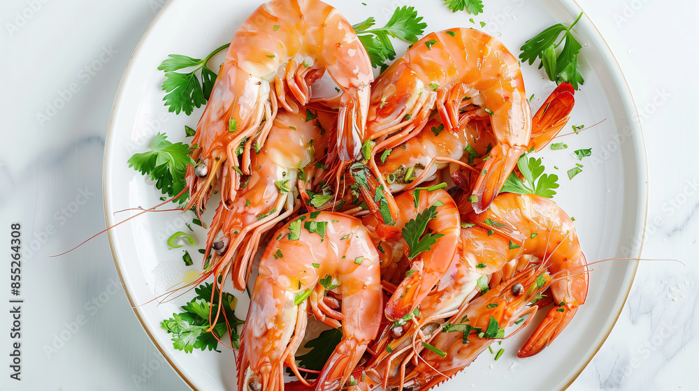 fresh shrimps on white plate with coriander leaf, top view
