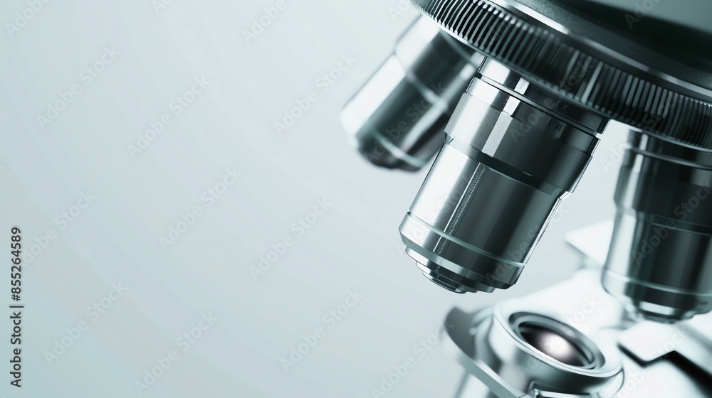 Fototapeta premium Highdefinition closeup of a sleek microscope lens on a pristine white background, leaving room for text, ideal for scientific research and laboratory presentations